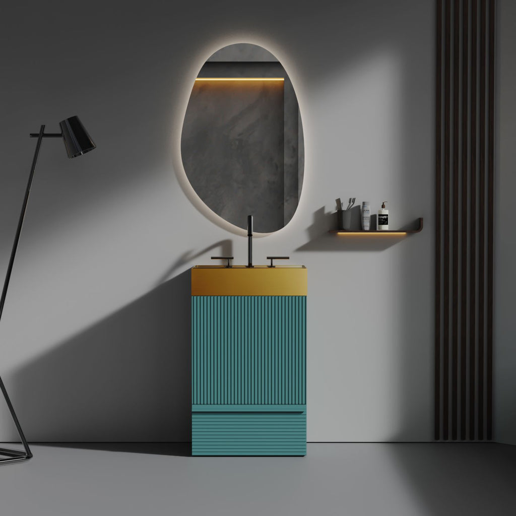Gada 20" Striped Aquamarine Bathroom Vanity with Integrated Brushed Gold 304 Stainless Steel Bathroom Sink, Freestanding Bathroom Cabinet for Modern Bathroom, KD