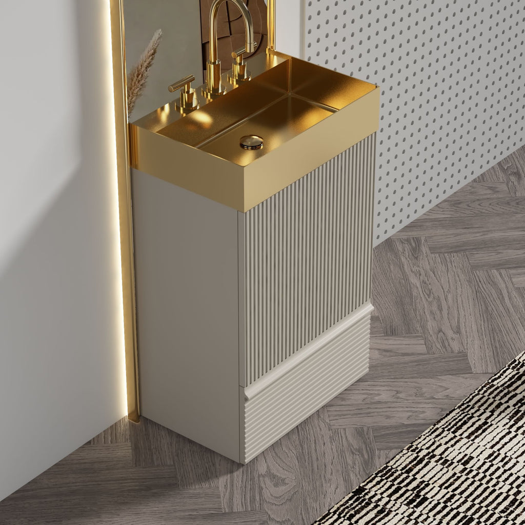 Gada 20" Striped Beige Bathroom Vanity with Integrated Brushed Gold Stainless Steel Bathroom Sink, Freestanding Bathroom Cabinet for Modern Bathroom, One-Piece Metal Basin without Faucet, KD