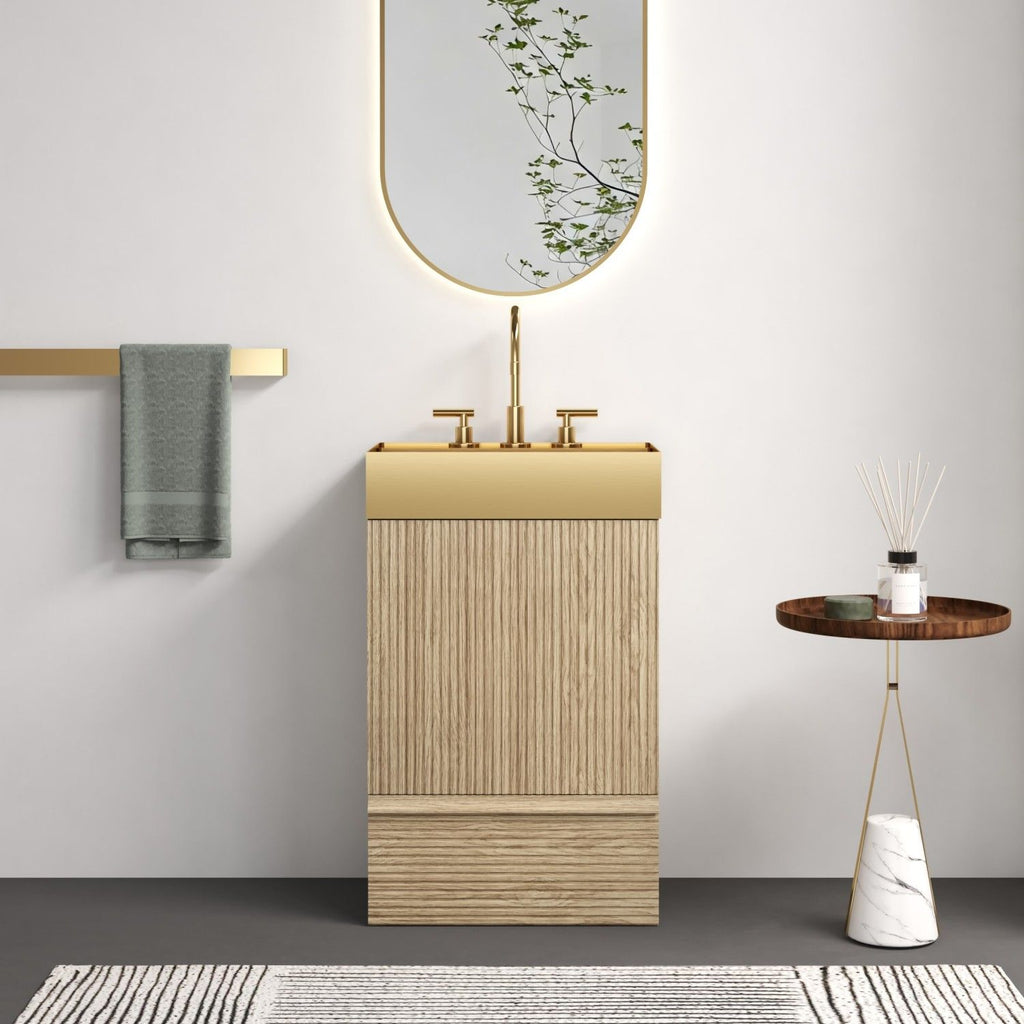 Gada 20" Striped Light Oak Bathroom Vanity with Integrated Brushed Gold Metal Vessel Bathroom Sink, Freestanding Bathroom Cabinet for Modern Bathroom, One-Piece Gold Metal Basin without Faucet, KD