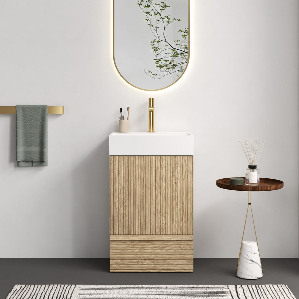Gada 20" Striped Light Oak Bathroom Vanity with White Ceramic Sink, Freestanding Bathroom Cabinet for Modern Bathroom, One-Piece White Ceramic Basin Without Drain and Faucet, KD