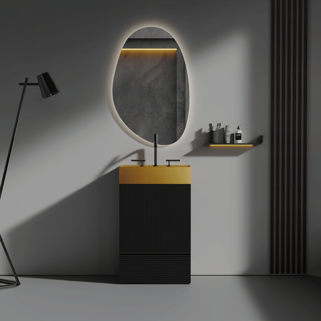 Gada 20" Striped Matt Black Bathroom Vanity with Integrated Brushed Gold 304 Stainless Steel Bathroom Sink, Freestanding Bathroom Cabinet for Modern Bathroom, KD