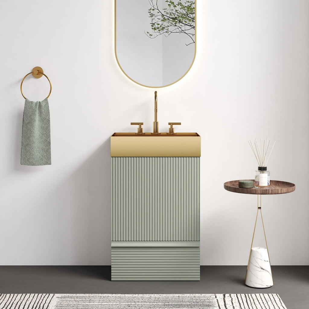 Gada 20" Striped Sage Green Bathroom Vanity with Integrated Brushed Gold Metal Vessel Bathroom Sink, Freestanding Bathroom Cabinet for Modern Bathroom, One-Piece Gold Metal Basin without Faucet, KD