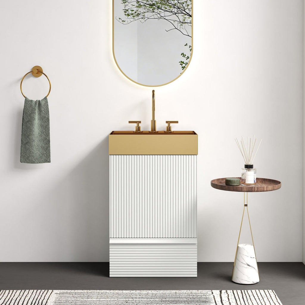 Gada 20" Striped Velvet White Bathroom Vanity with Integrated Brushed Gold Metal Vessel Bathroom Sink, Freestanding Bathroom Cabinet for Modern Bathroom, One-Piece Gold Metal Basin without Faucet, KD