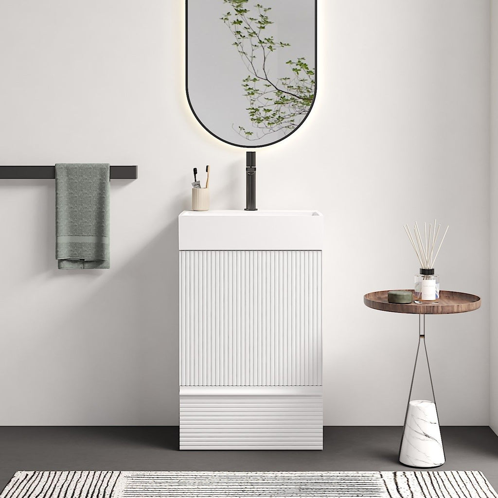 Gada 20" Striped Velvet White Bathroom Vanity with White Ceramic Sink, Freestanding Bathroom Cabinet for Modern Bathroom, One-Piece White Ceramic Basin Without Drain and Faucet, KD