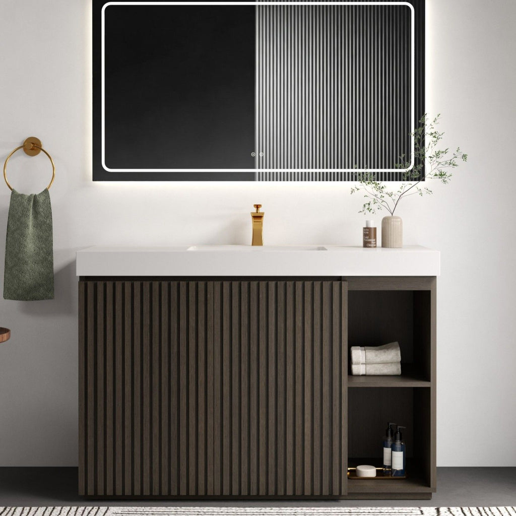 GALAN 48F" Smoked Oak Bathroom Vanity with Sink, Large Storage Freestanding Bathroom Vanity for Modern Bathroom, One-Piece White Sink Basin without Drain and Faucet, KD