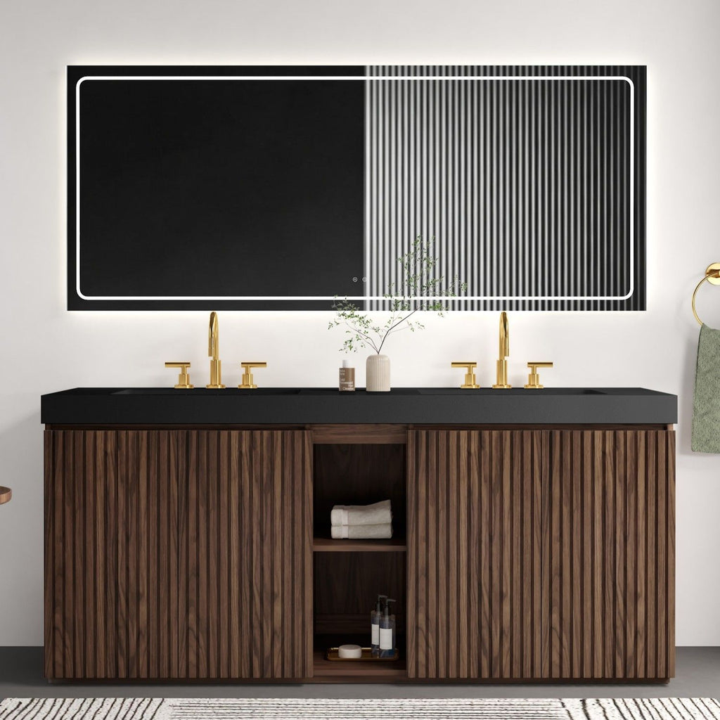 GALAN 72F" Winston Walnut Bathroom Vanity with Sink, Large Storage Freestanding Bathroom Vanity for Modern Bathroom, One-Piece Black Sink Basin without Drain and Faucet, LTL