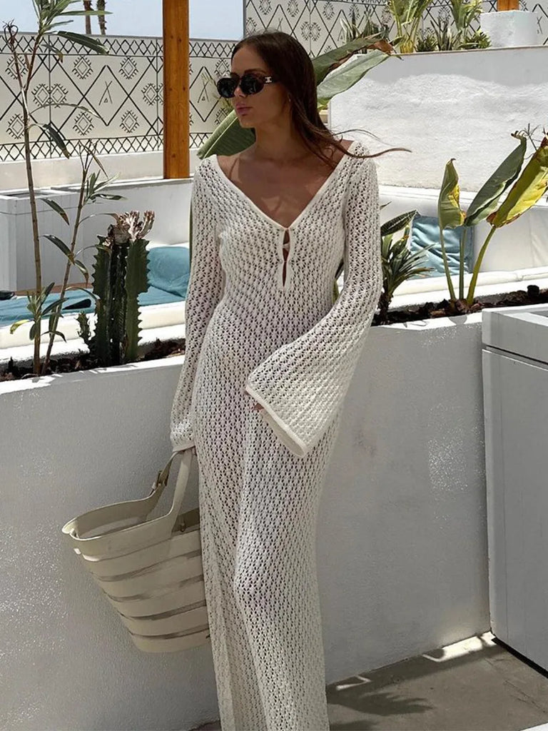 Sexy Women White Long Knit Cover Up Dress with Deep V-Neck Hollow-Out Design and See-Through Backless Beach Knitwear - NIICY