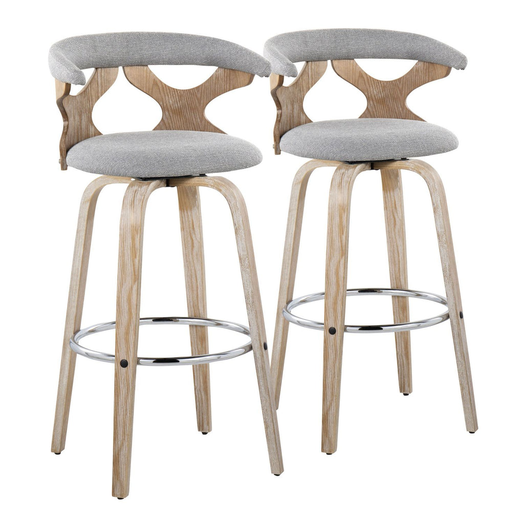 Gardenia 30" Contemporary Fixed-Height Barstool with Swivel in White Washed Wood and Grey Fabric with Round Chrome Metal Footrest by - Set of 2