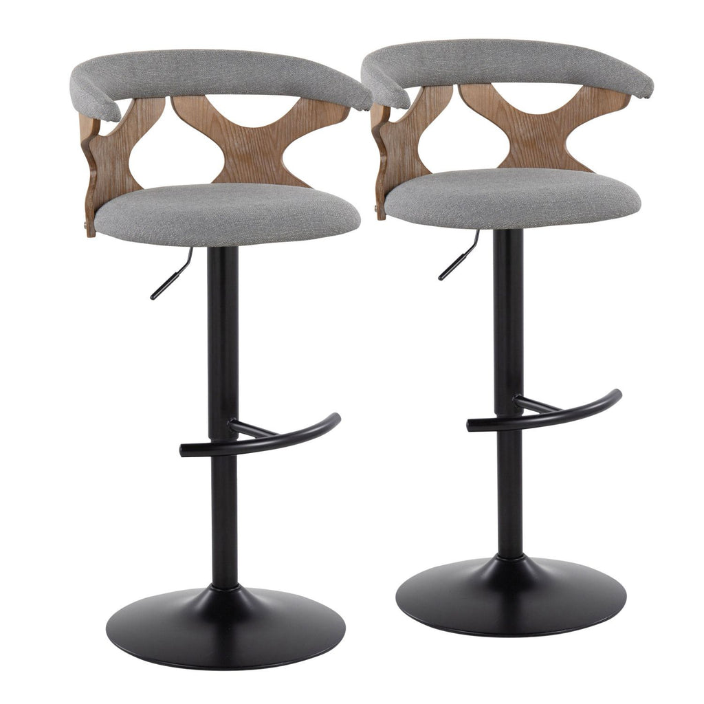 Gardenia Contemporary Adjustable Barstool with Swivel in Whitewashed Wood, Black Metal and Light Grey Fabric with Rounded T Footrest by - Set of 2