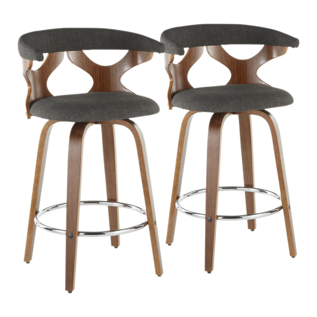 Gardenia Mid-Century Modern Counter Stool in Walnut and Charcoal Fabric by - Set of 2