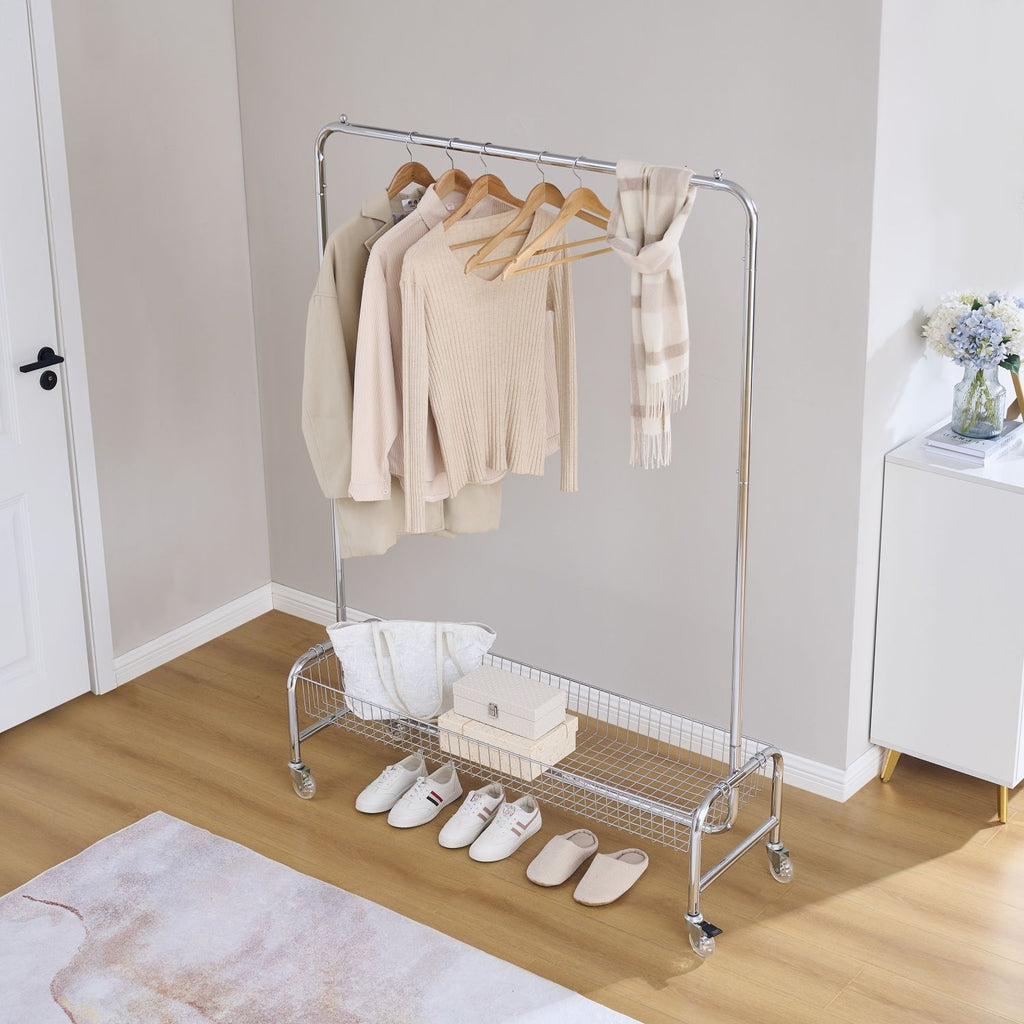 Garment Rack with Basket on Wheels Rolling Clothes Rack for Hanging Clothes Heavy Duty Garment Rack,2 pcs in one carton
