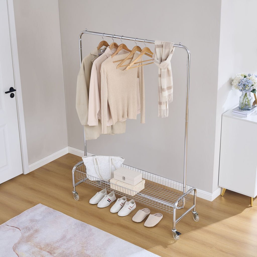 Garment Rack with Basket on Wheels Rolling Clothes Rack for Hanging Clothes Heavy Duty Garment Rack,2 pcs in one carton