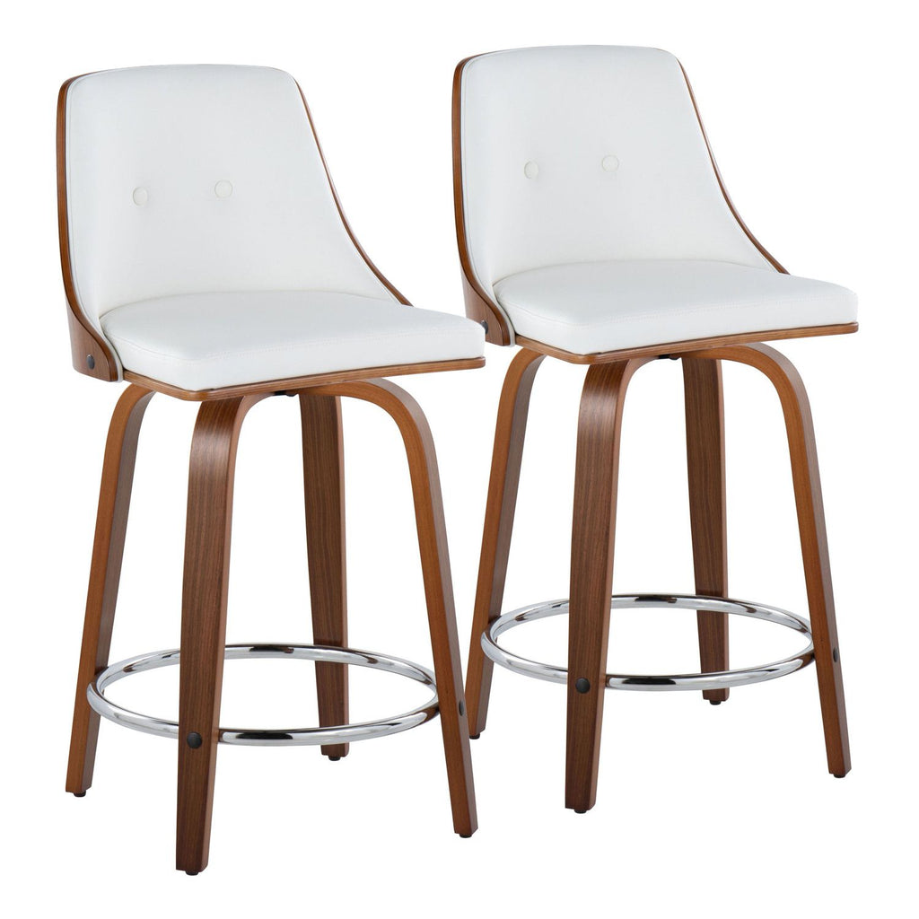 Gianna 24" Mid-Century Modern Fixed-Height Counter Stool with Swivel in Walnut Wood and White Faux Leather with Round Chrome Metal Footrest by - Set of 2