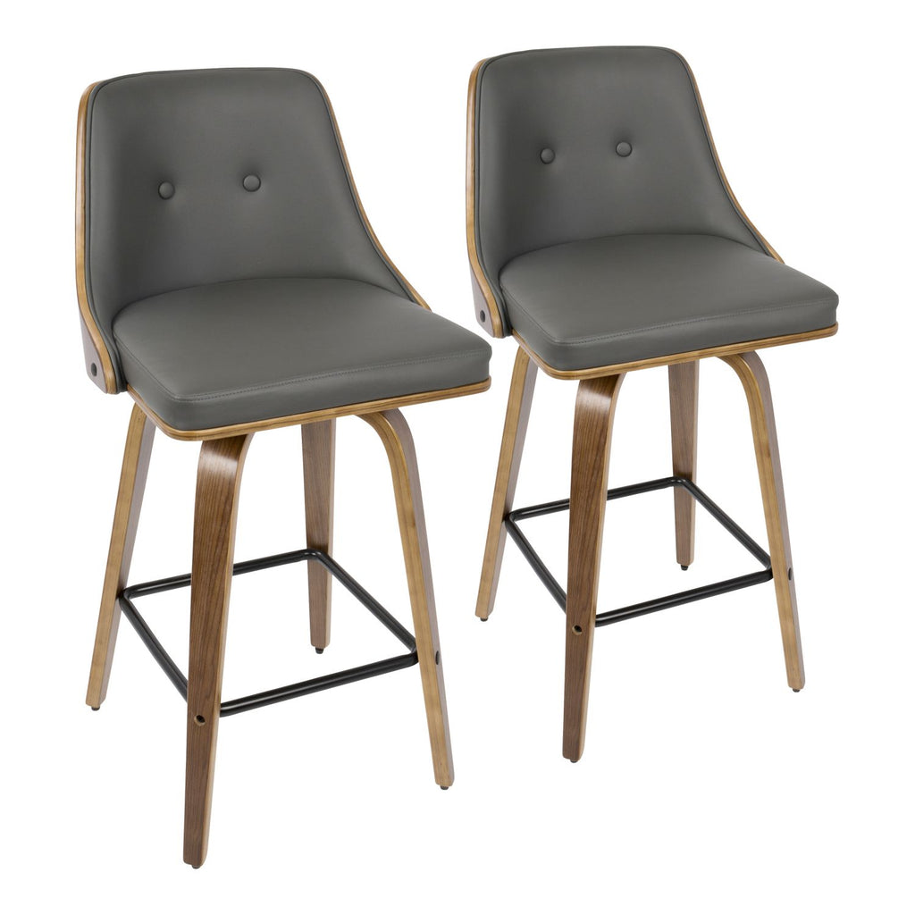 Gianna 26" Mid-Century Modern Counter Stool in Walnut with Grey Faux Leather by - Set of 2