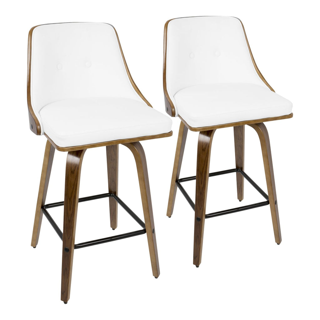 Gianna 26" Mid-Century Modern Counter Stool in Walnut with White Faux Leather by - Set of 2
