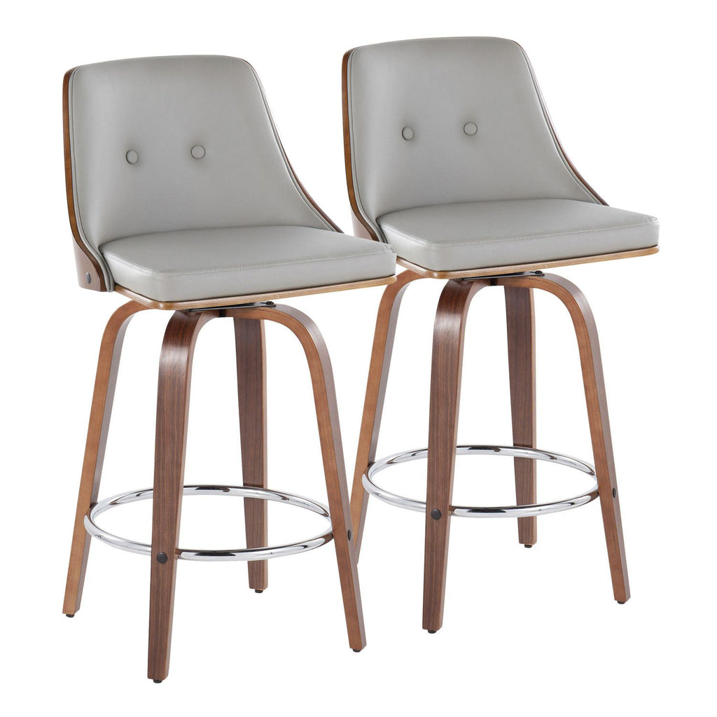 Gianna 26" Mid-Century Modern Fixed-Height Counter Stool with Swivel in Walnut Wood and Light Grey Faux Leather with Round Chrome Metal Footrest by - Set of 2