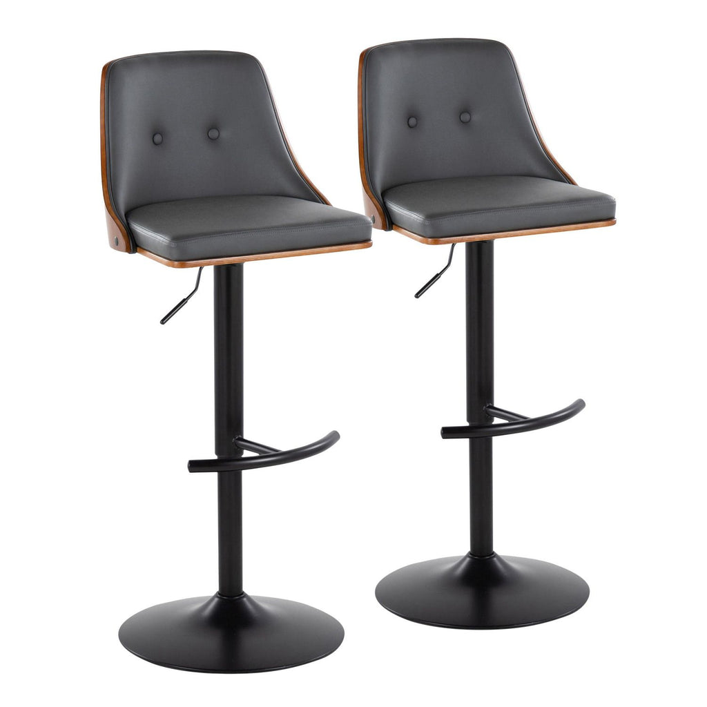 Gianna Mid-Century Modern Adjustable Barstool with Swivel in Black Metal, Walnut Wood and Grey Faux Leather with Rounded T Footrest by - Set of 2