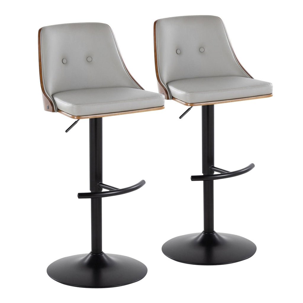 Gianna Mid-Century Modern Adjustable Barstool with Swivel in Black Metal, Walnut Wood and Light Grey Faux Leather with Rounded T Footrest by - Set of 2