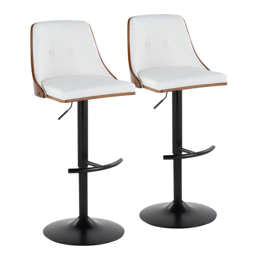 Gianna Mid-Century Modern Adjustable Barstool with Swivel in Black Metal, Walnut Wood and White Faux Leather with Rounded T Footrest by - Set of 2
