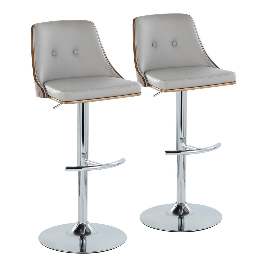 Gianna Mid-Century Modern Adjustable Barstool with Swivel in Chrome Metal, Walnut Wood and Light Grey Faux Leather with Rounded T Footrest by - Set of 2