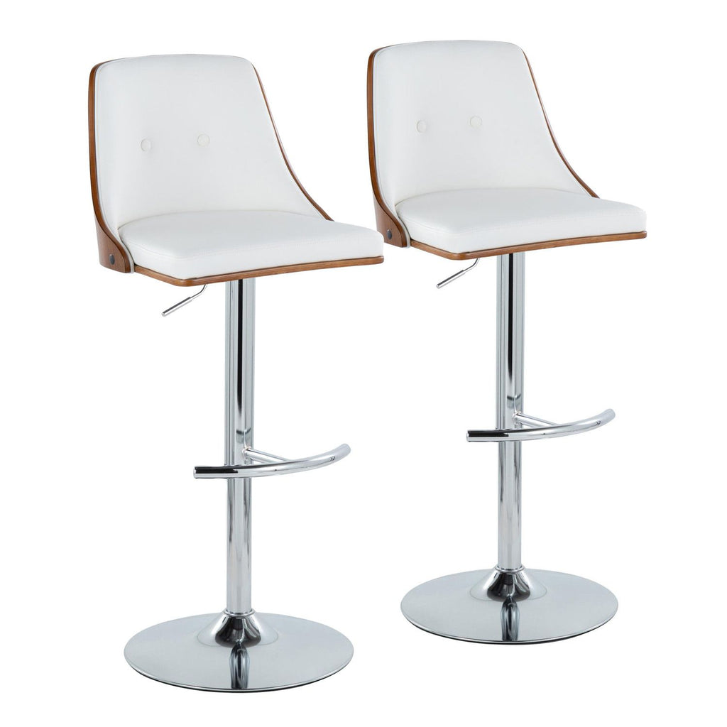 Gianna Mid-Century Modern Adjustable Barstool with Swivel in Chrome Metal, Walnut Wood and White Faux Leather with Rounded T Footrest by - Set of 2