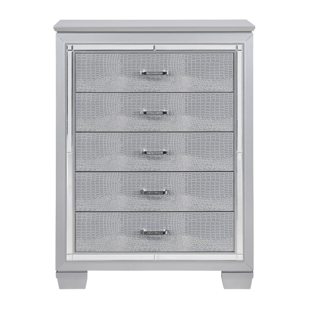 Glamourous Silver Finish 1pc Chest of 5x Dovetail Drawers Faux Alligator Embossed Fronts Bedroom Furniture