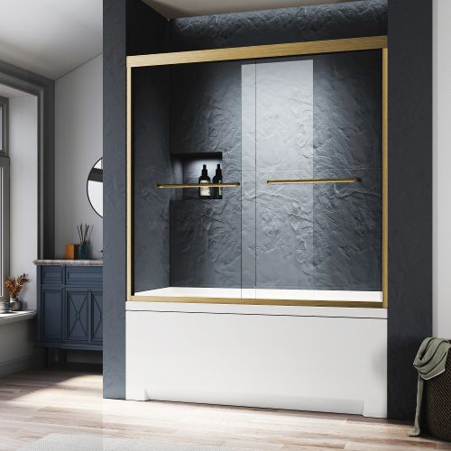 Glass Bathtub Shower Door 56-60 in. W x 62 in. H, Brushed Gold Semi Frameless Double Bathtub Door,Certified SGCC ANSI Clear Tempered Glass,Stainless Steel Handles