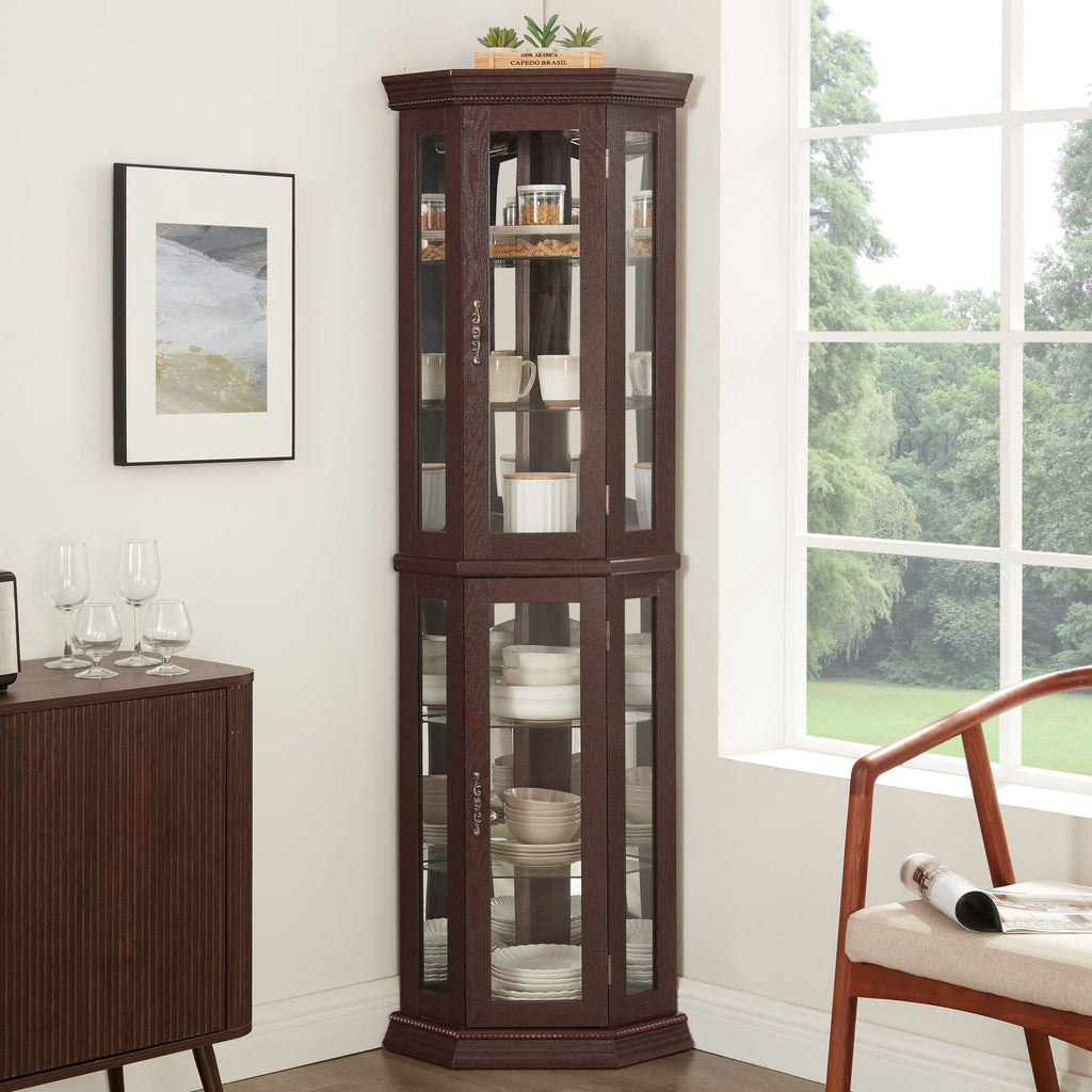 Glass Cabinet Lighted Corner Cabinet Corner Display Curio Cabinet, Glass Display With Light(Included)Bar Cabinet,Wine Cabinet with Adjustable Glass Shelves Carved Decoration Cherry Light(Included)