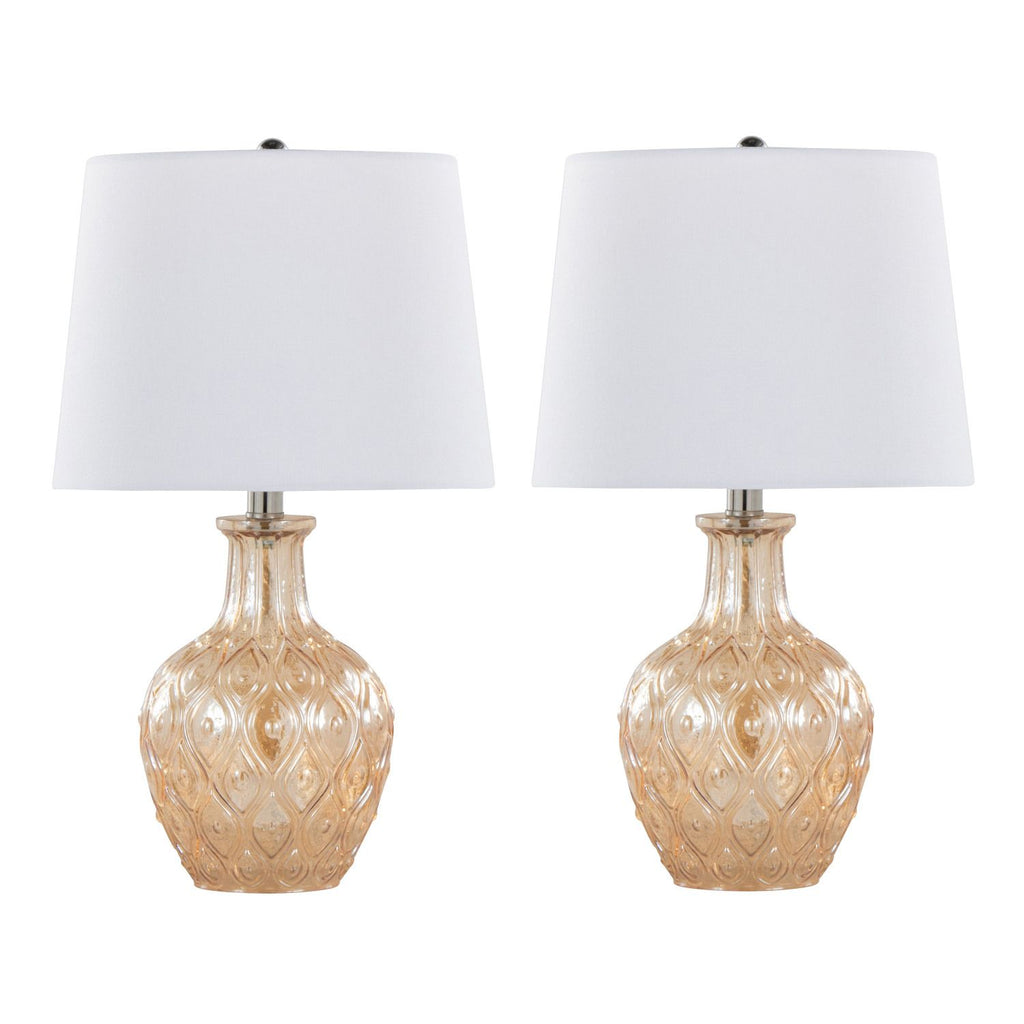 Gloria Round 20" Contemporary Glass Accent Lamp in Clear Champagne Lustre Glass, Chrome Metal and White Linen Shade from Grandview Gallery by - Set of 2