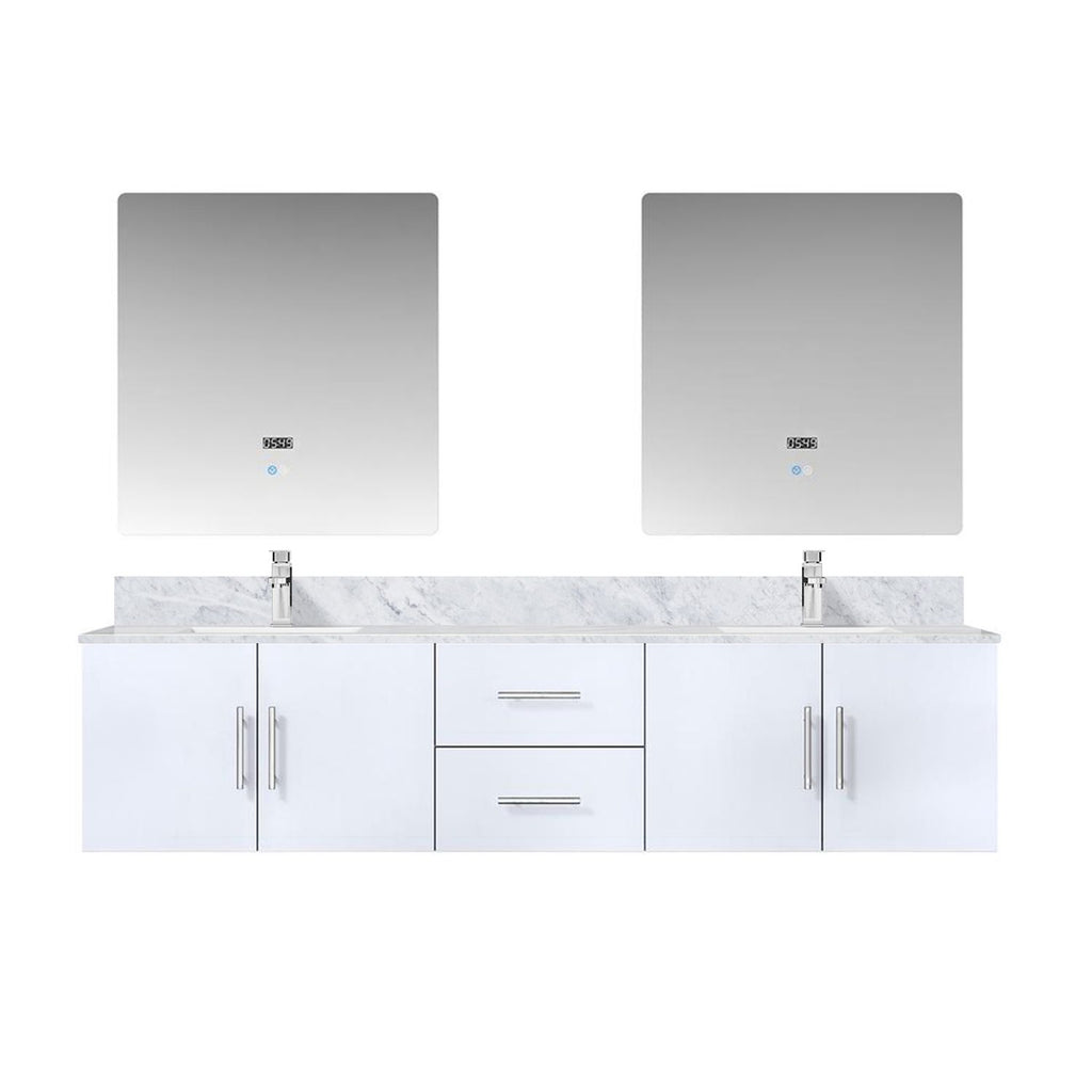 Glossy White Double Bath Vanity 80 in. W x 22 in. D, Carrara Marble Top, Faucet Set, and 30 in. LED Mirrors