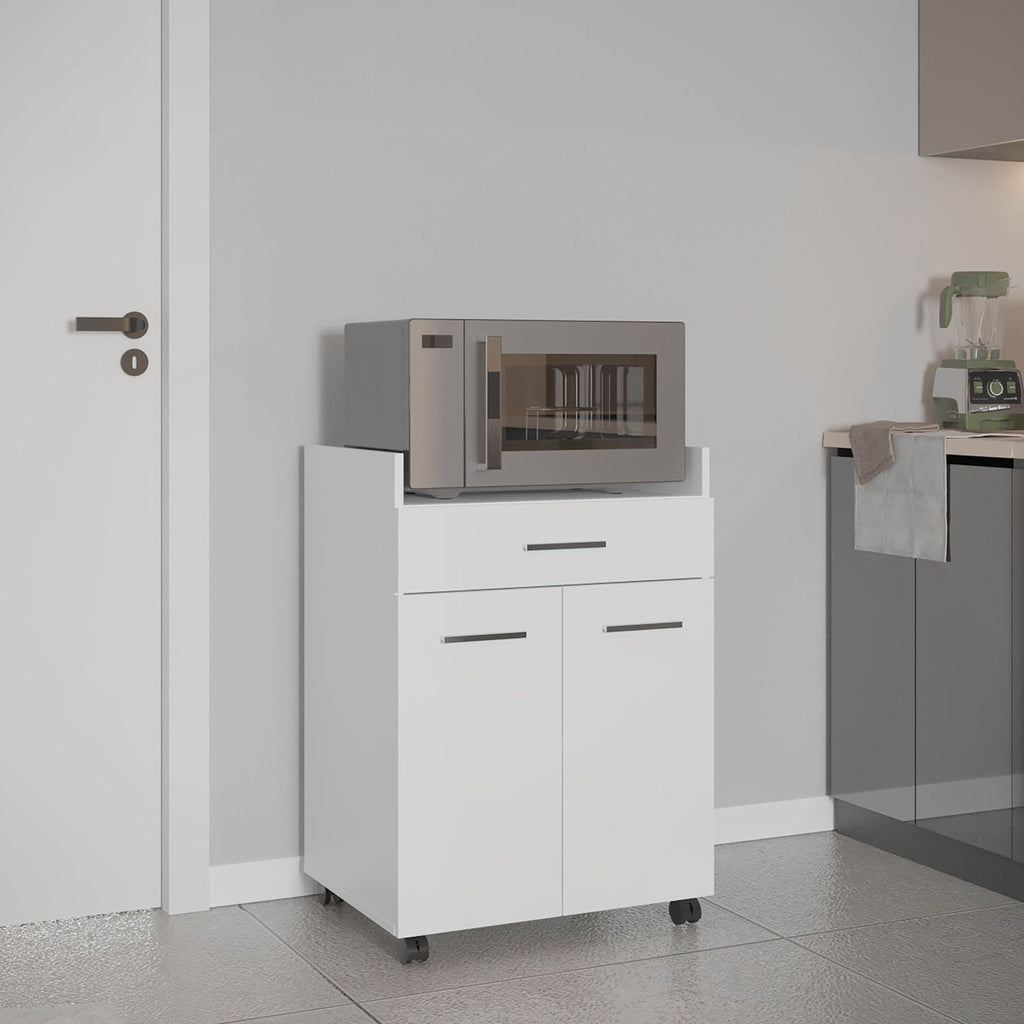 Glover Kitchen Cart With Casters, Open Shelves, Drawer And Cabinet Storage, Mobile Kitchen Island, White