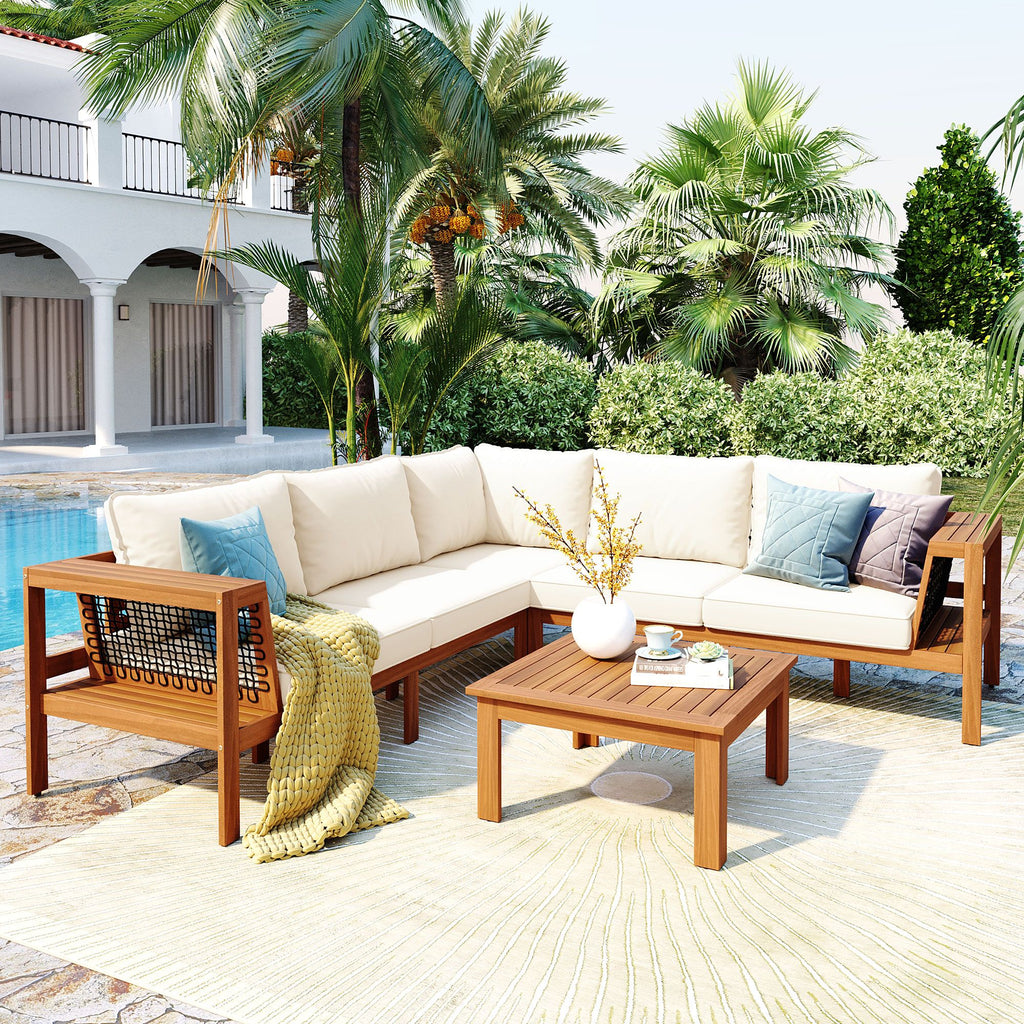 GO 4 Pieces Outdoor Acacia Wood Sofa Set, Woven Mesh Armrests, L-Shaped Patio Furniture Sofa Set with Coffee Table, Outdoor Conversation Set with Beige Cushions and Side Table, Teak Color Look