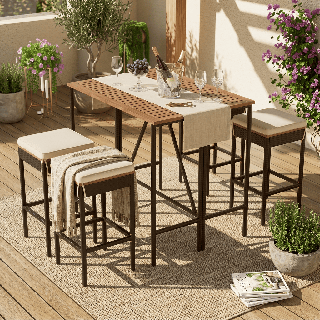 GO 5-Piece Outdoor Acacia Wood Bar Height Table And Four Stools With Cushions, Garden PE Rattan Wicker Dining Table, Foldable Tabletop, High-Dining Bistro Set, All-Weather Patio Furniture, Brown