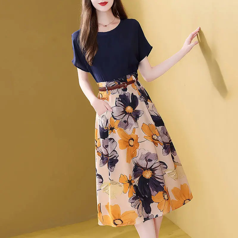Retro Elegant Two Piece Dress Set for Women T-Shirt Top with A-Line Floral Skirt Office Lady Summer Outfit