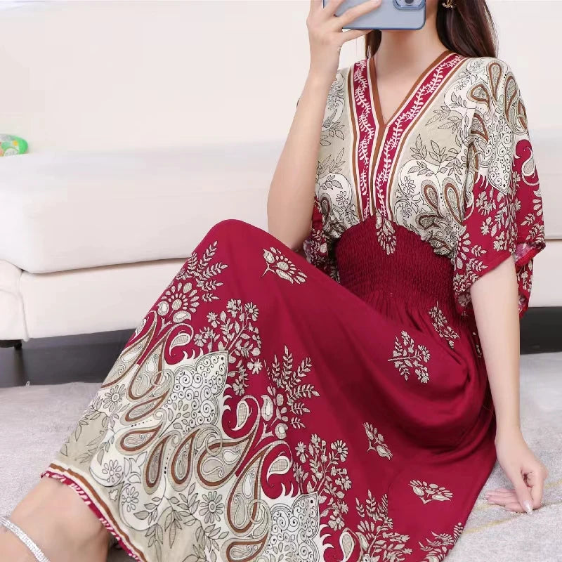 Elegant Women's Party Dress with Casual Long Skirt and Retro Floral Print V-Neck Tunic for Beach Holidays and Ethnic Style