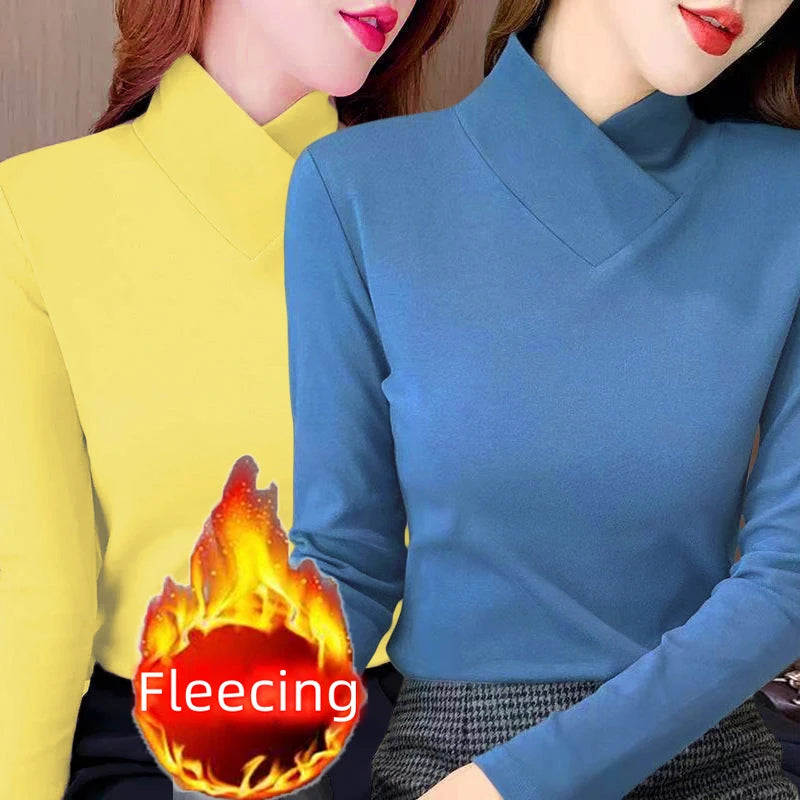 Sweet Elegance Thick Velvet Fleece Long Sleeve T-Shirt for Women with Half High Collar Basic Blouse Top in Vibrant Yellow