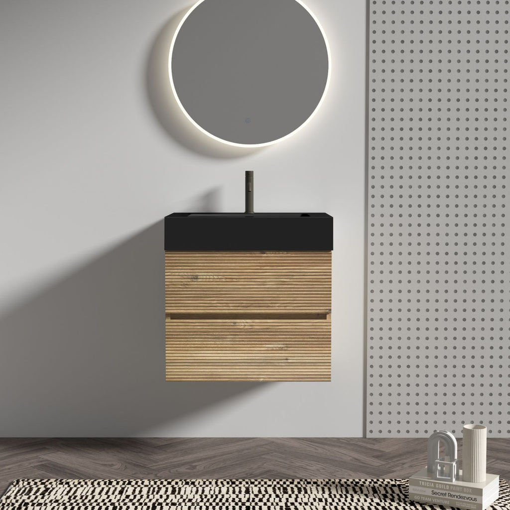 Grace 24' Rough Oak Bathroom Vanity with Engineered Matt Black Solid Surface Sink and Soft Drawers, Wall Mounted Floating Bathroom Vanity for Modern Bathroom, without drainage and faucet, KD