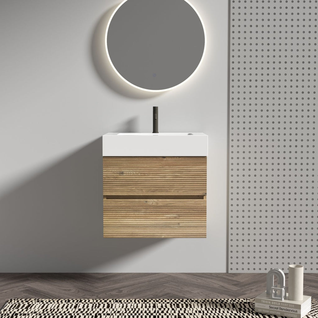 Grace 24 Rough Oak+Rough Oak Bathroom Vanity with White Glossy Engineered Quartz Sink and Soft Drawers, Wall Mounted Floating Bathroom Vanity for Modern Bathroom, without drainage and faucet, KD