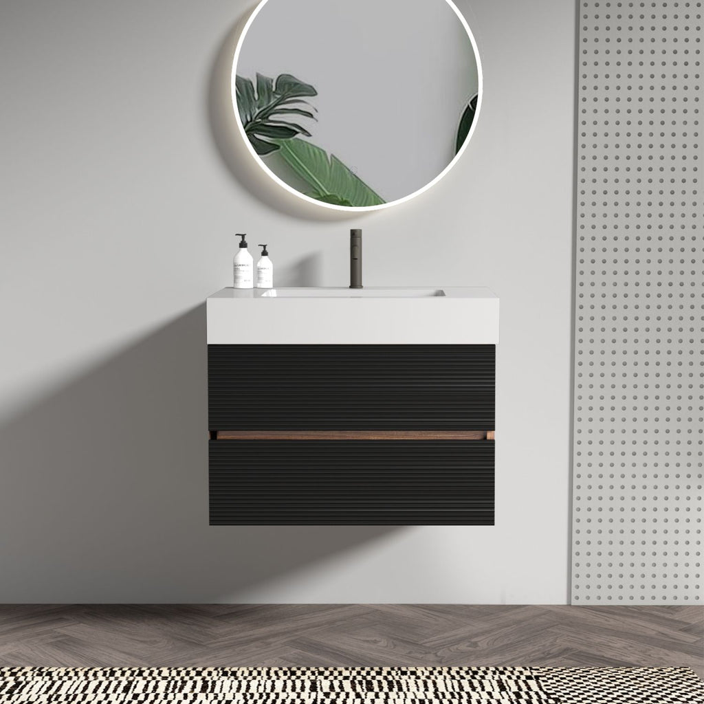 Grace 30'' Bathroom Vanity with Glossy White Solid Surface Sink and Soft Black Drawers, Wall Mount Floating Bathroom Vanity for Modern Bathroom, One-Piece
Basin without drainage and faucet, KD