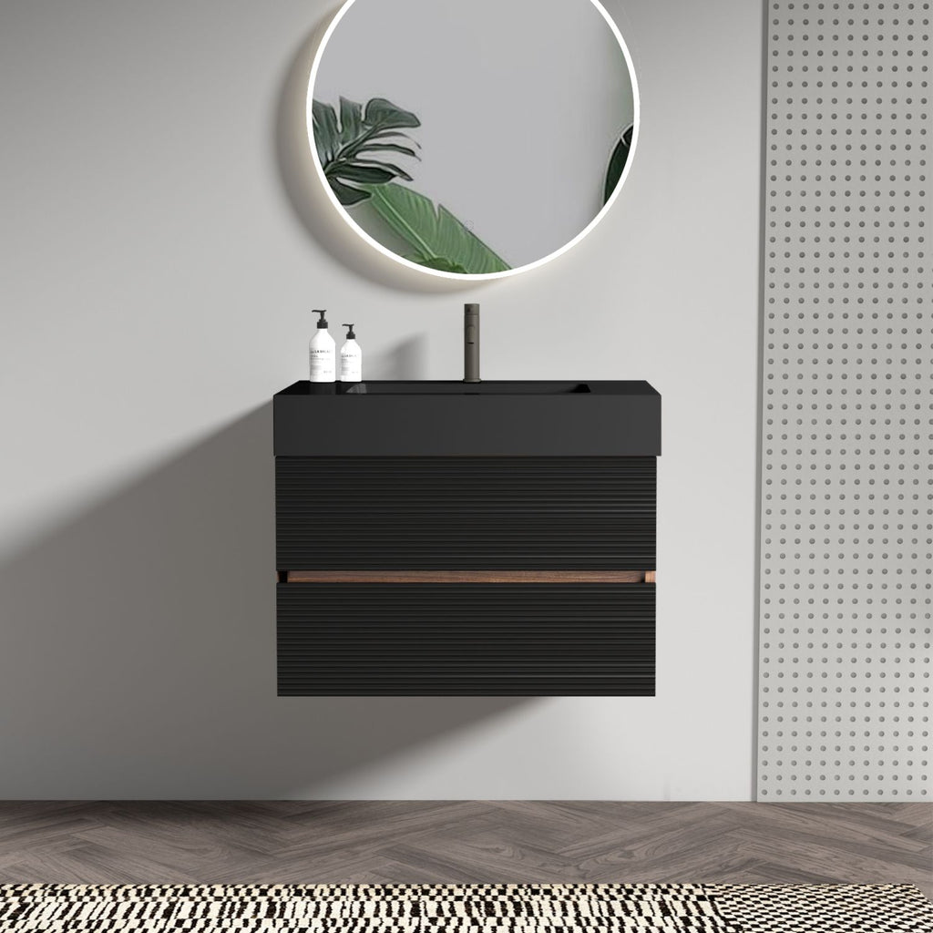 Grace 30'' Bathroom Vanity with Matt Black Engineered Solid Surface Sink and Soft Black Drawers, Wall Mounted Floating Bathroom Vanity for Modern Bathroom, One-Piece Matt Black Basin, KD