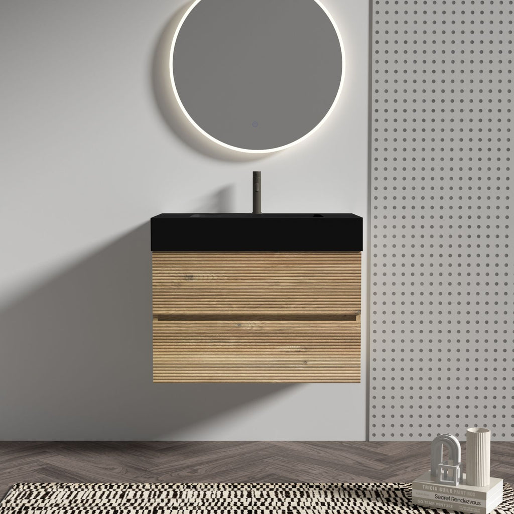 Grace 30' Rough Oak Bathroom Vanity with Engineered Matt Black Solid Surface Sink and Soft Drawers, Wall Mounted Floating Bathroom Vanity for Modern Bathroom, without drainage and faucet, KD