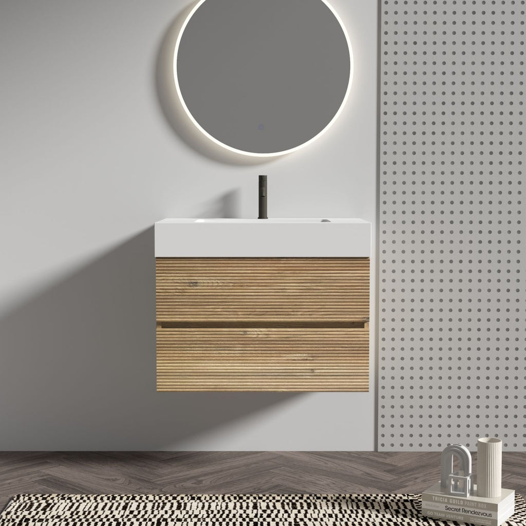 Grace 30'' Rough Oak Bathroom Vanity with White Engineered Solid Surface Sink and Soft Drawers, Wall Mounted Floating Bathroom Vanity for Modern Bathroom, without drainage and faucet, KD