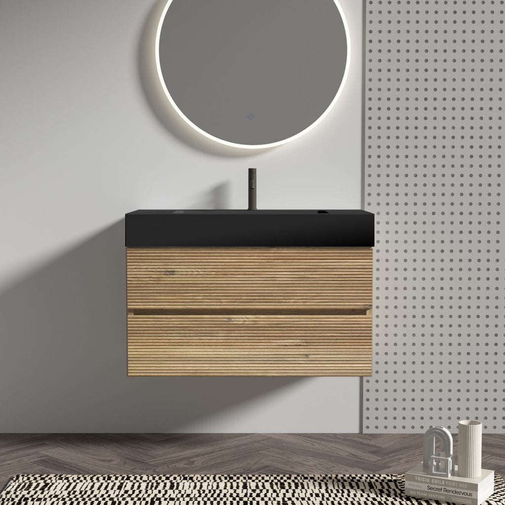 Grace 36' Bathroom Vanity with Oak Engineered Quartz Sink and Soft Black Drawers, Wall Mounted Floating Bathroom Vanity for Modern Bathroom, One-Piece Matt Black Basin without drainage and faucet, KD