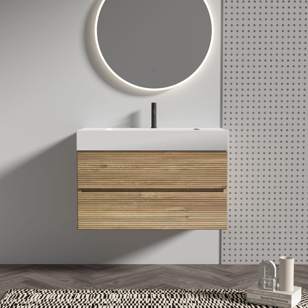 Grace 36" Rough Oak+Rough Oak Bathroom Vanity with White Engineered Quartz Sink and Soft Drawers, Wall Mounted Floating Bathroom Vanity for Modern Bathroom, without drainage and faucet, KD