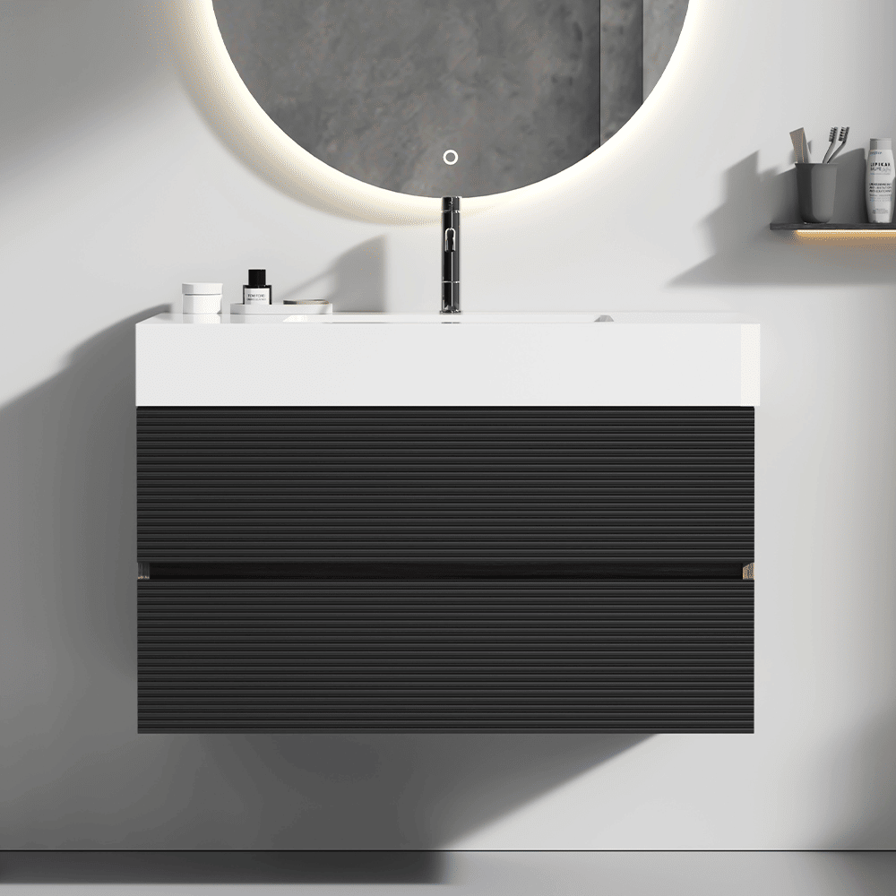 Grace 36" Walnut Bathroom Vanity with Glossy White Solid Surface Sink and Soft Black Drawers, Wall Mounted Floating Bathroom Vanity for Modern Bathroom, One-Piece Basin without drainage and faucet,