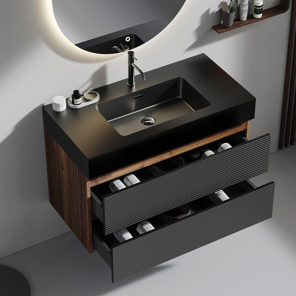 Grace 36" Walnut Bathroom Vanity with Matt Black Engineered Quartz Sink and Soft Black Drawers, Wall Mounted Floating Bathroom Vanity for Modern Bathroom, without drainage and faucet