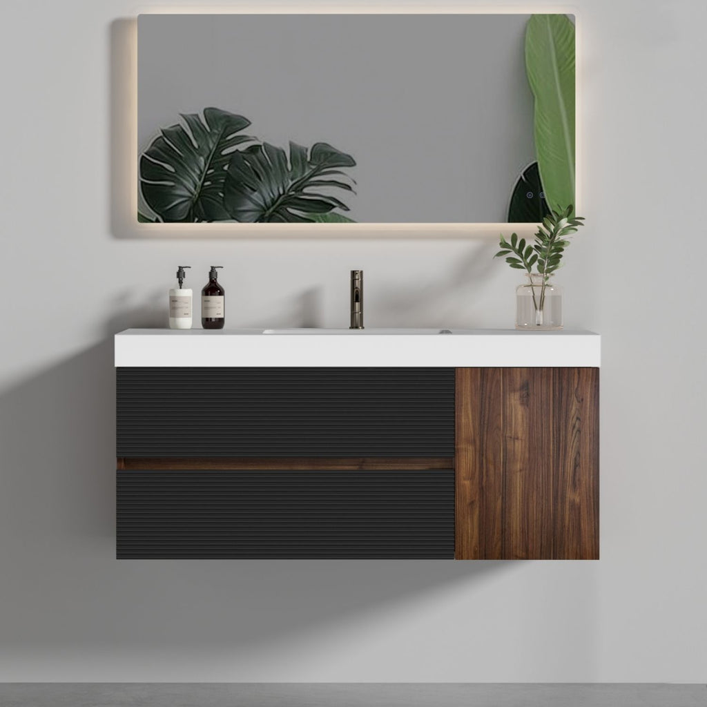 Grace 48" Walnut Bathroom Vanity with Glossy White Solid Surface Sink and Soft Black Drawers, Wall Mounted Floating Bathroom Vanity for Modern Bathroom, without drainage and faucet, Pre-assembled
