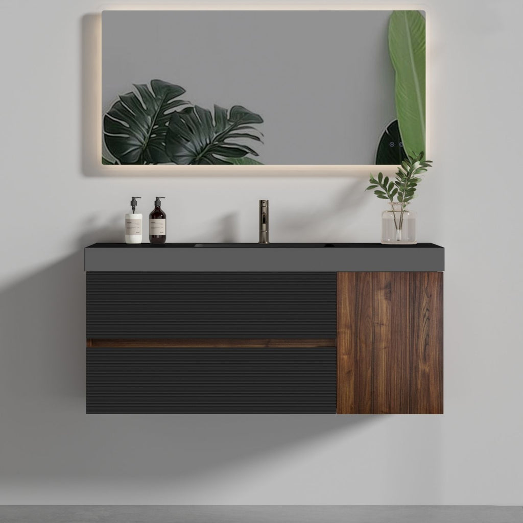 Grace 48" Walnut Bathroom Vanity with Matt Black Engineered Quartz Sink and Soft Black Drawers & A Door, Wall Mounted Floating Bathroom Vanity for Modern Bathroom, Matt Black Basin, Pre-assembled