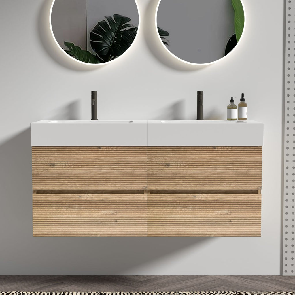 Grace 48''(24Inch*2) Bathroom Vanity with White Engineered Solid Surface Sink and Rough Oak Drawers, Wall Mounted Floating Bathroom Vanity, One-piece Basin without drainage and faucet, KD