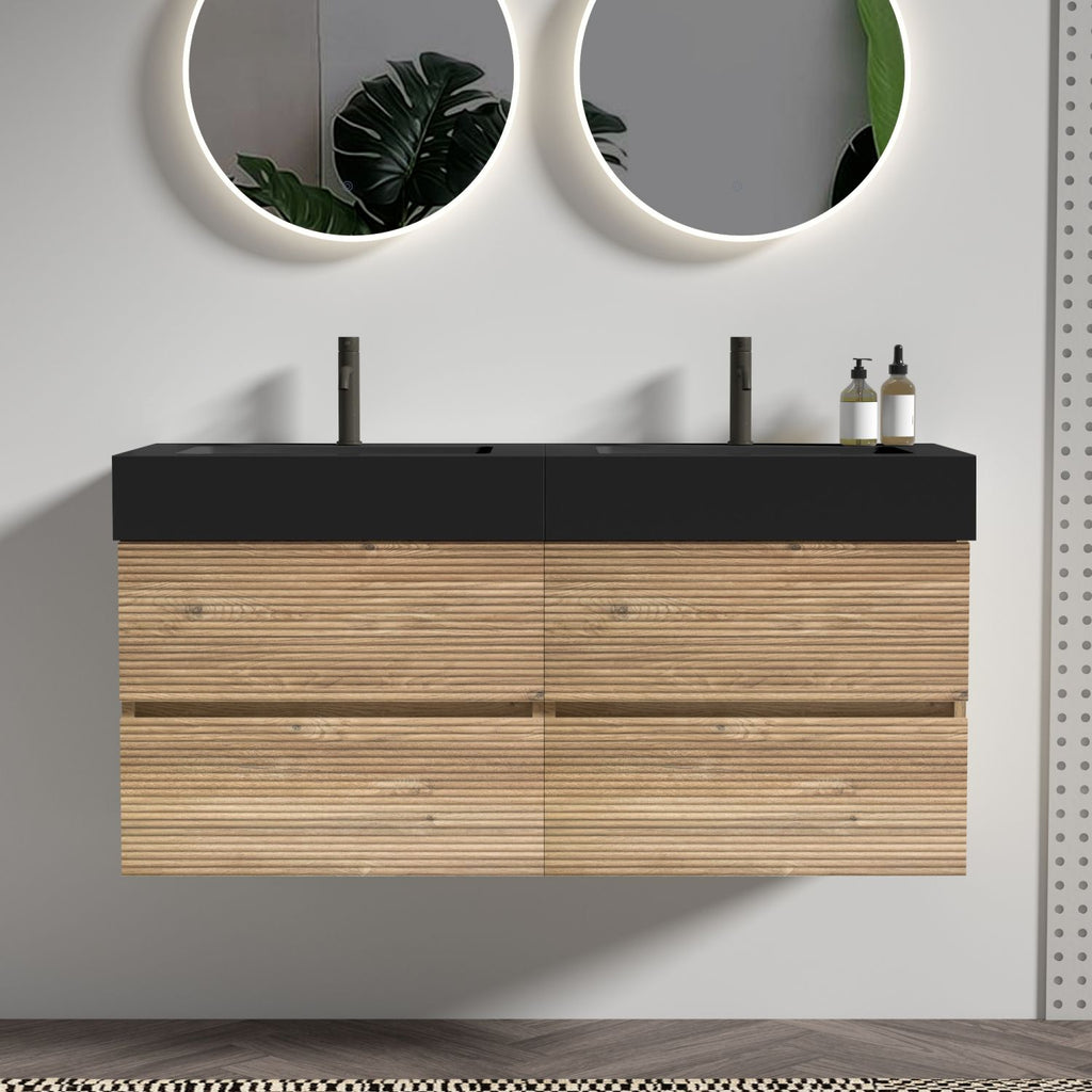 Grace 48''(24inch*2) Rough Oak Bathroom Vanity with Engineered Matt Black Solid Surface Sink and Soft Drawers, Wall Mount Floating Bathroom Vanity for Modern Bathroom, without drainage and faucet, KD